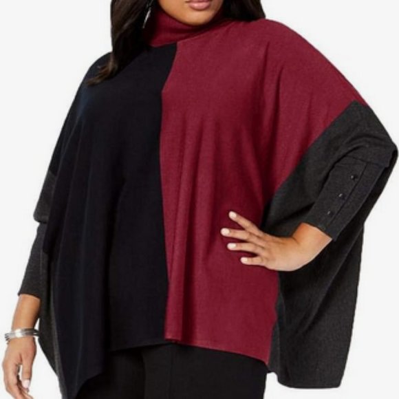 Alfani Sweaters - ~*~Alfani Plus Women's Turtleneck Color-block Poncho Sweater, Malbec, 3X Red